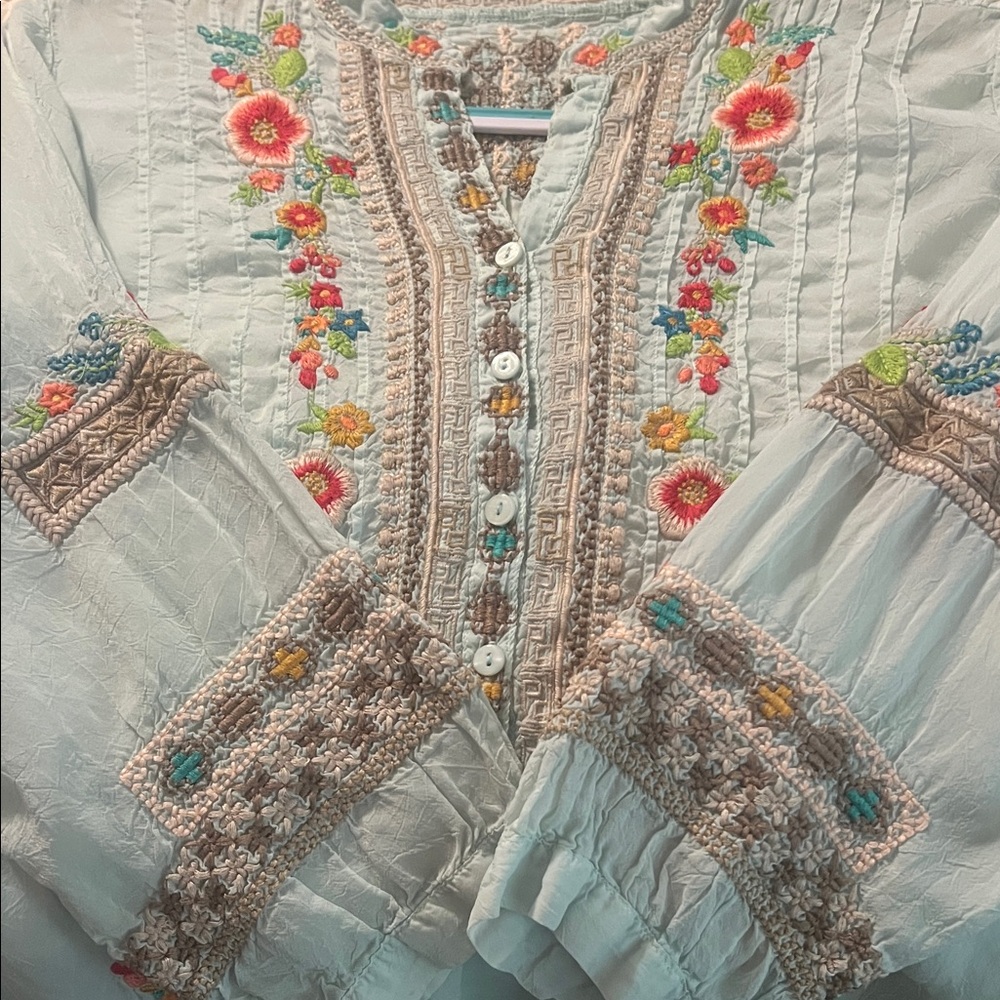 Johnny Was Pastel Blue Embroidered Blouse - Picture 6 of 9